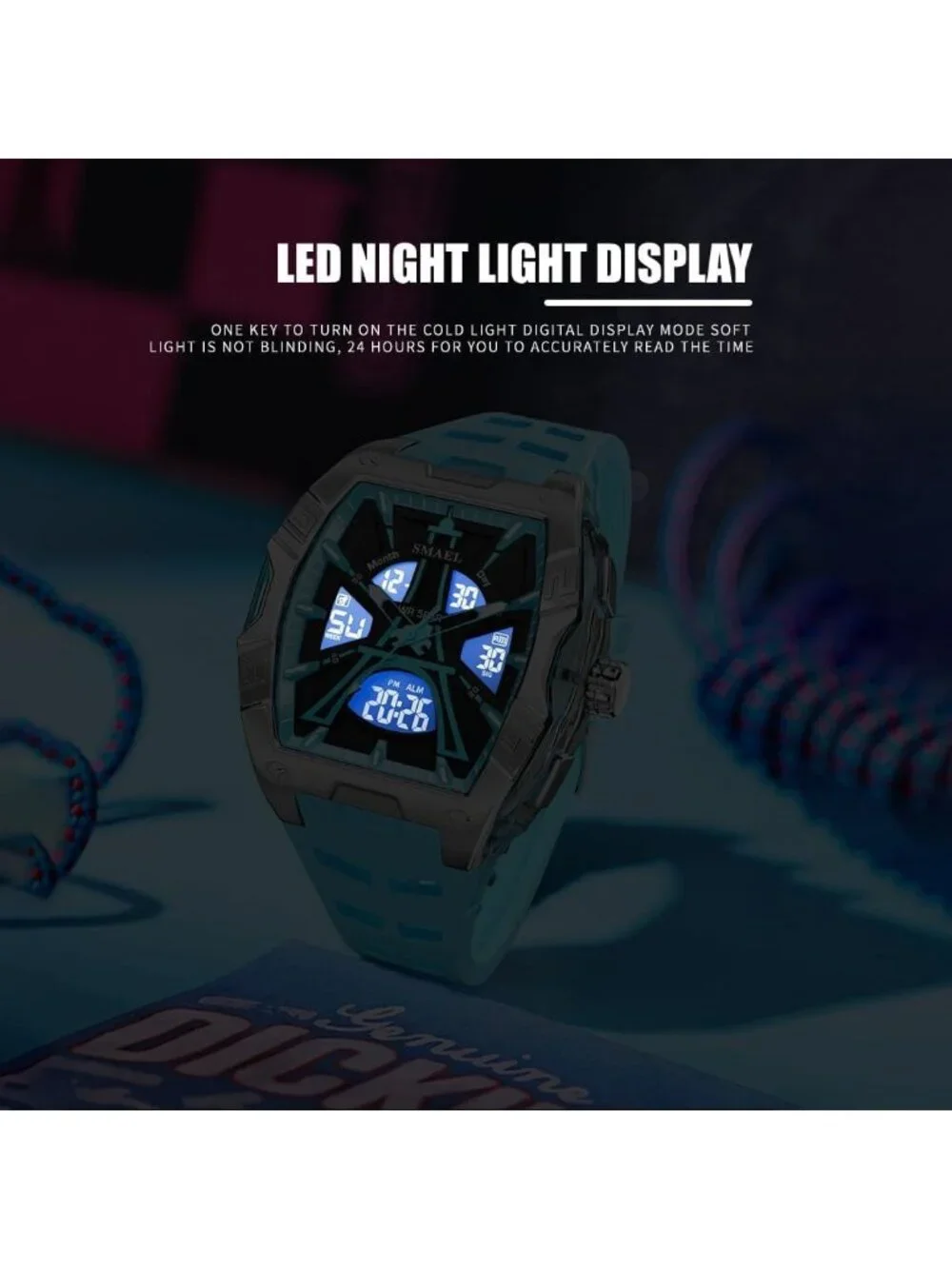Men's Sky Blue Analog Quartz Waterproof Sports Classic Square LED Digital Watch